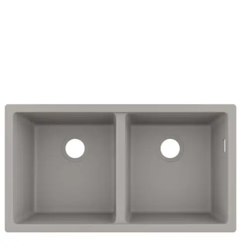Zwei-Kammer-Spüle in Betongrau von Hansgrohe, ausgestattet mit runden Ablauföffnungen, rechteckigem Design und Unterbau-Installation.